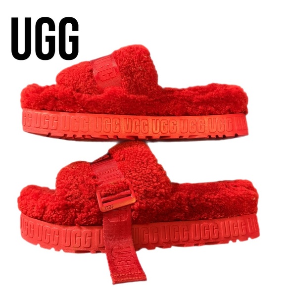 UGG Fluffita Sheep Fur Platform Slippers - Sandals Red size 9 (worn twice) - Picture 9 of 17